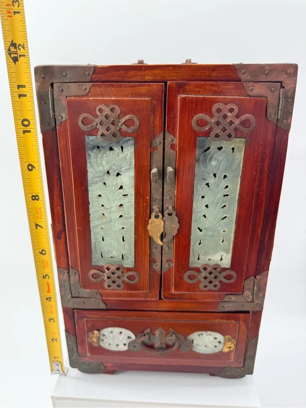 Antique-Style Red Wood Jewelry Cabinet with Jade Inlay - Unbranded